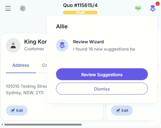 ai Allie flagging a suggested task on a quote