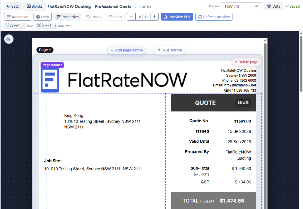 The quote PDF editor